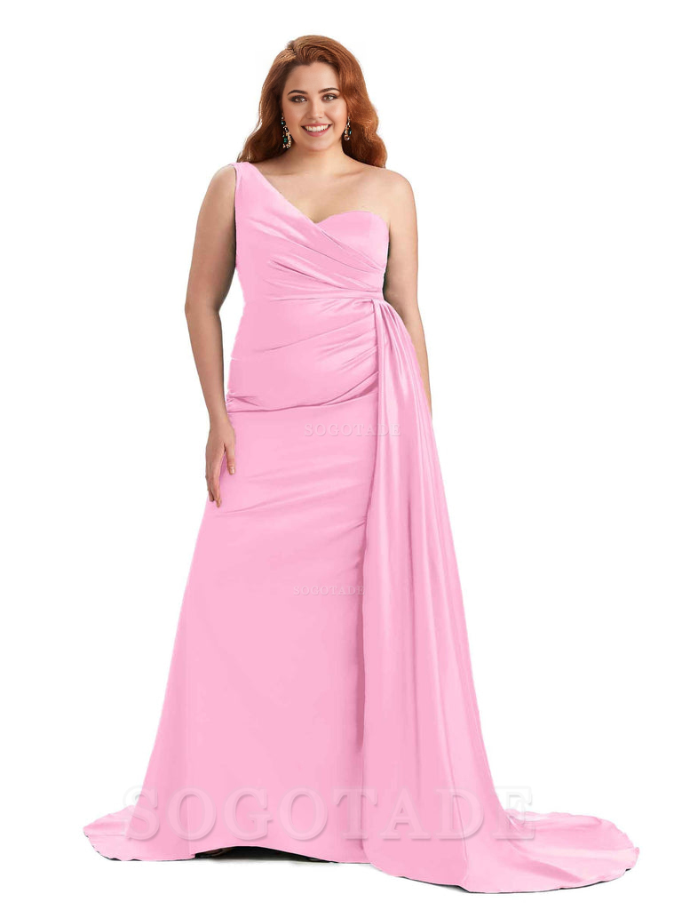 Sexy One Shoulder Sleeveless Mermaid Soft Satin Long Plus Size With Train Bridesmaid Gowns