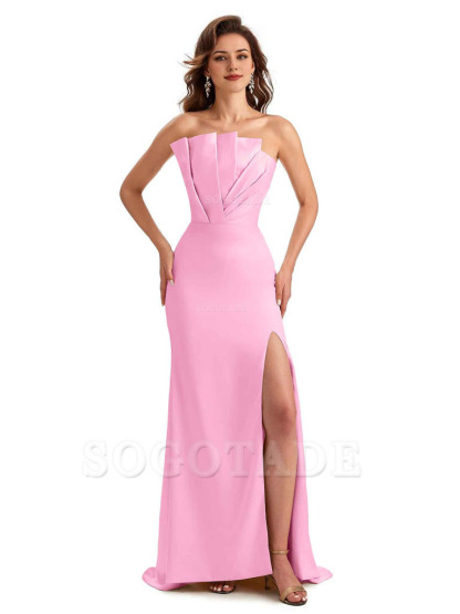 Unique Soft Satin Side Slit Asymmetrical Neckline Mermaid Long Bridesmaid Dresses