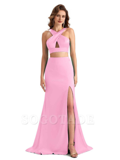 Sexy Side Slit Mermaid Silky Satin Halter Two Pieces Unique Long Bridesmaid Dresses