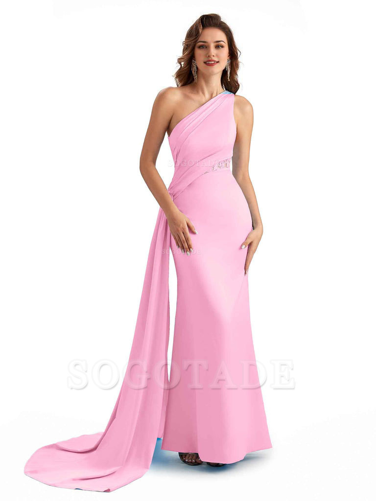 Sexy Mermaid Silky Satin One Shoulder Lace See Through Long Bridesmaid Dresses Online