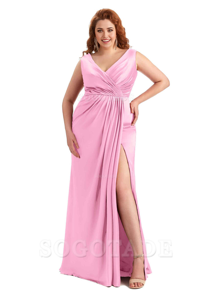 Mermaid V-Neck Satin formal dresses evening gown Bridesmaid Dresses With Side Slit 