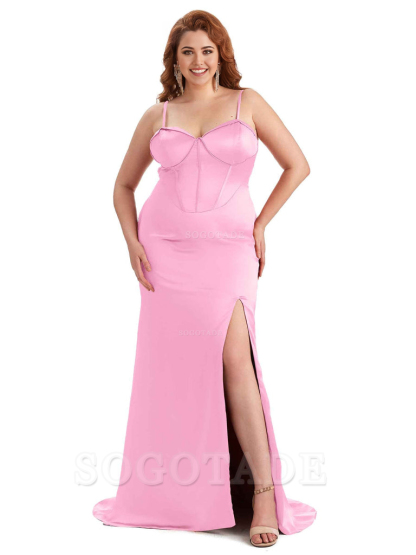 Sexy Spaghetti Straps Side Slit Sleeveless Mermaid Soft Satin Long Bridesmaid Dress Plus Size Dress To Wear to a Wedding
