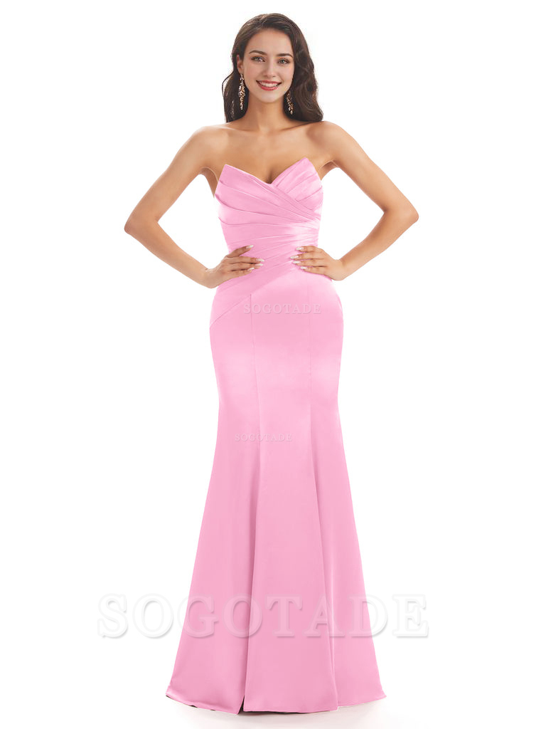 Simple Strapless Sweetheart Soft Satin Mermaid Long Bridesmaid Dresses prom shop dresses