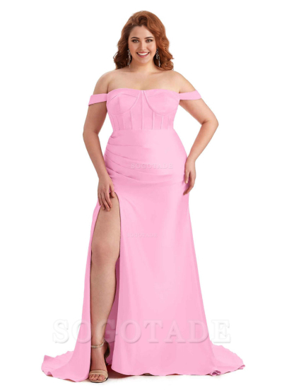 Elegant Off The Shoulder Side Slit Mermaid Soft Satin Floor Length Long Plus Size Bridesmaid Gowns