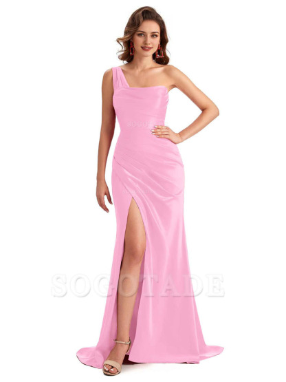 Sexy One Shoulder Side Slit Silky Satin Chic Long Mermaid Trumpet Bridesmaid Dress