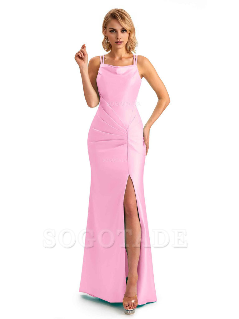Soft Satin Spaghetti Straps Side Slit Long Unique Mermaid Beautiful Dresses For Wedding