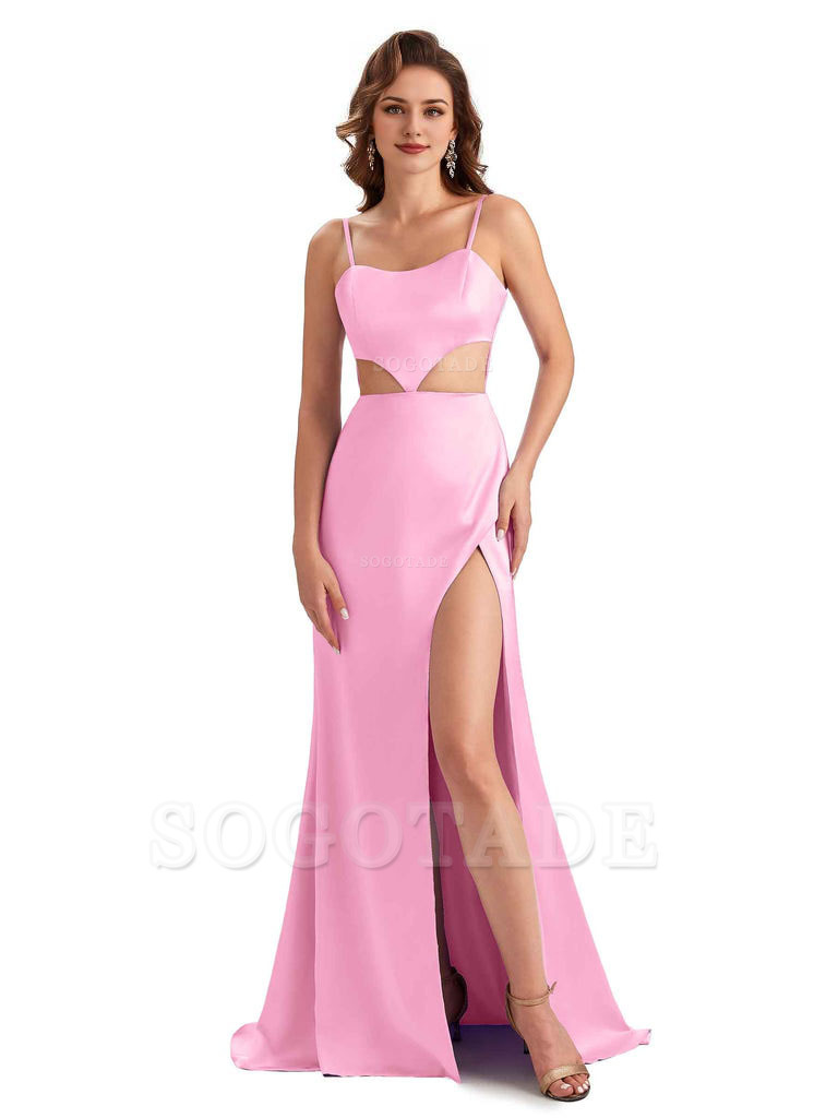 Sexy Satin Side Slit Spaghetti Straps Mermaid Long Unique Curve Wedding Guest Dresses