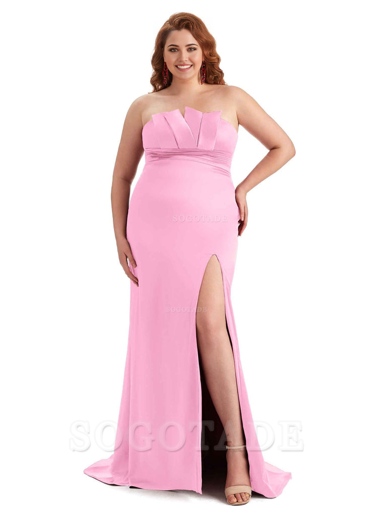 Sexy Side Slit Sleeveless Mermaid Soft Satin Long Plus Size Wedding Party Dresses For Wedding