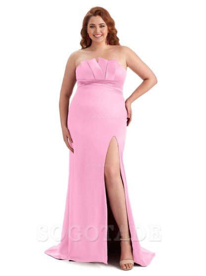 Sexy Side Slit Sleeveless Mermaid Soft Satin Long Plus Size Wedding Party Dresses For Wedding