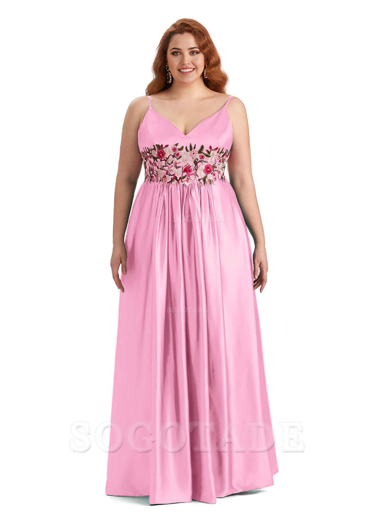 Unique Lace Spaghetti Straps Sleeveless Soft Satin Long Plus Size Bridesmaid Dress For Wedding