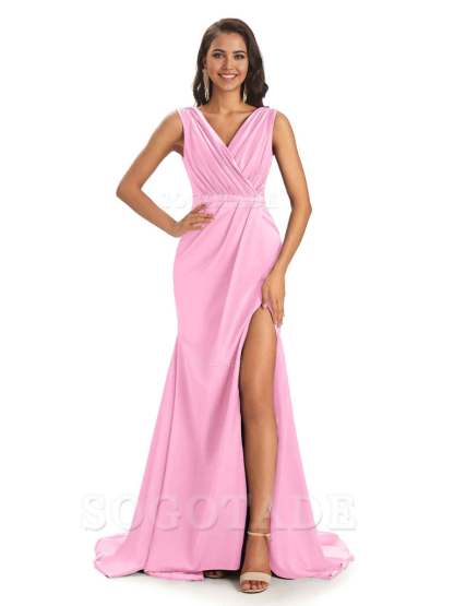 A-line V-neck Floor-Length Satin formal dresses evening gown Bridesmaid Dresses With Side Slit 