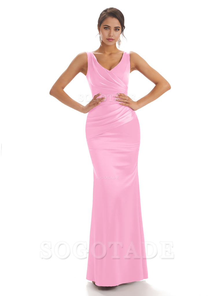 Sheath Sleeveless V-neck Floor-Length Satin formal dresses evening gown Bridesmaid Dresses With Pleats 