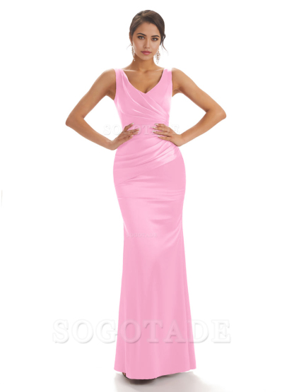 Sheath Sleeveless V-neck Floor-Length Satin formal dresses evening gown Bridesmaid Dresses With Pleats 
