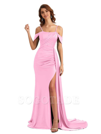 Sexy Side Slit Cold Shoulder Mermaid Satin Chic Long Wedding Guest Dresses