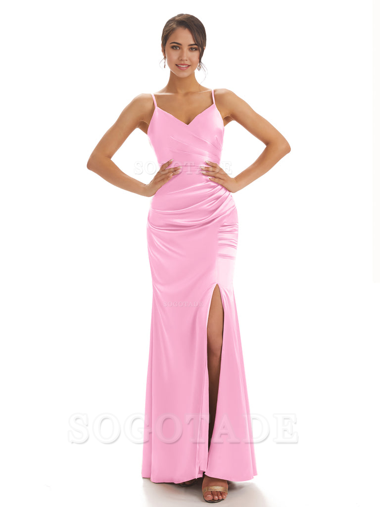 Spaghetti Straps Pleats Satin formal dresses evening gown Bridesmaid Dresses With Side Slit 