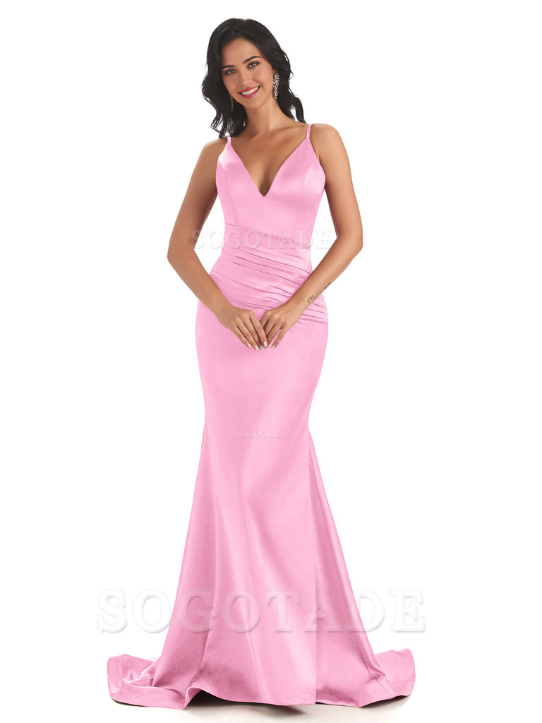 Mermaid Spaghetti V-Neck Straps Satin Long formal dresses evening gown Bridesmaid Dresses With Side Slit 