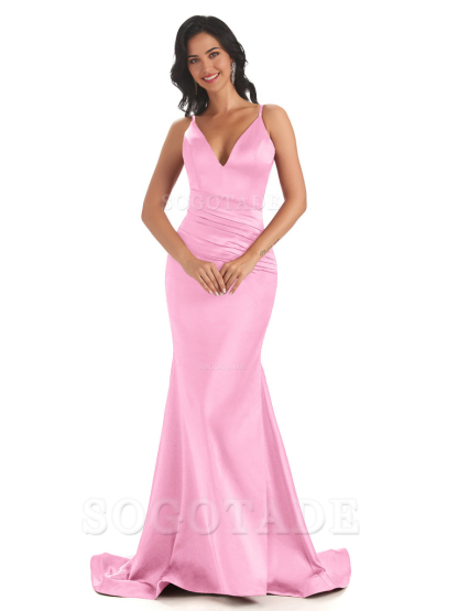 Mermaid Spaghetti V-Neck Straps Satin Long formal dresses evening gown Bridesmaid Dresses With Side Slit 