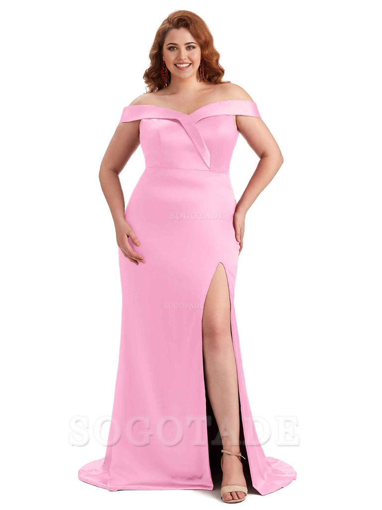 Elegant Off The Shoulder Sleeveless Side Slit Mermaid Soft Satin Long Plus Size Bridesmaid Gowns
