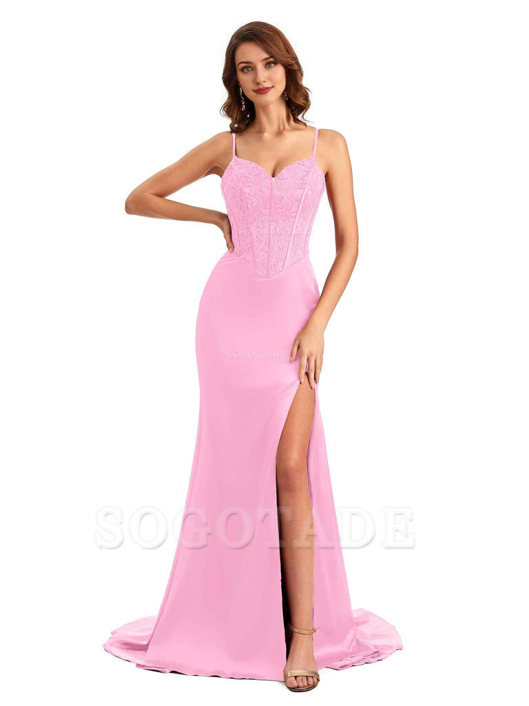 Sexy Side Slit Mermaid Silky Satin V-Neck Lace Unique Long Bridesmaid Dresses