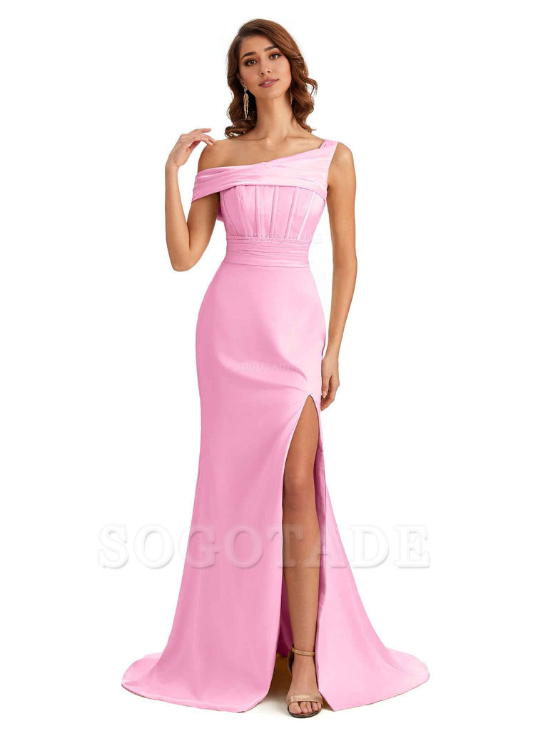 Elegant Asymmetrical Neck Soft Satin Side Slit Long Mermaid Bridesmaid Dresses
