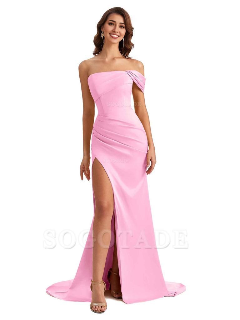 Unique One Shoulder Side Slit Satin Long Formal Dresses For Bridesmaid Dresses