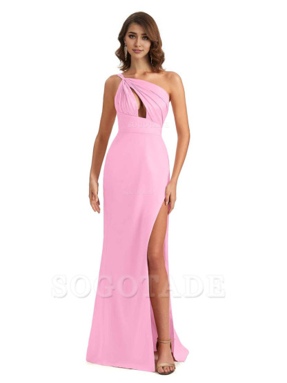 Sexy One Shoulder Silky Satin Unique Long Ladies Bridesmaid Dress For Wedding