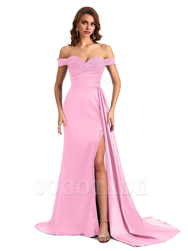 Sexy Off The Shoulder Mermaid Side Slit Silky Satin Long Bridesmaid Dress For Wedding