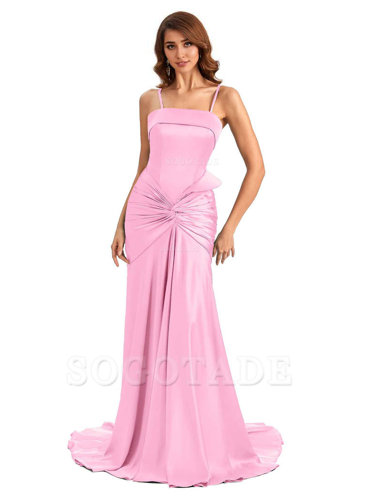Sexy Mermaid Spaghetti Straps Silky Satin Unique Long Bridesmaid Dress For Wedding