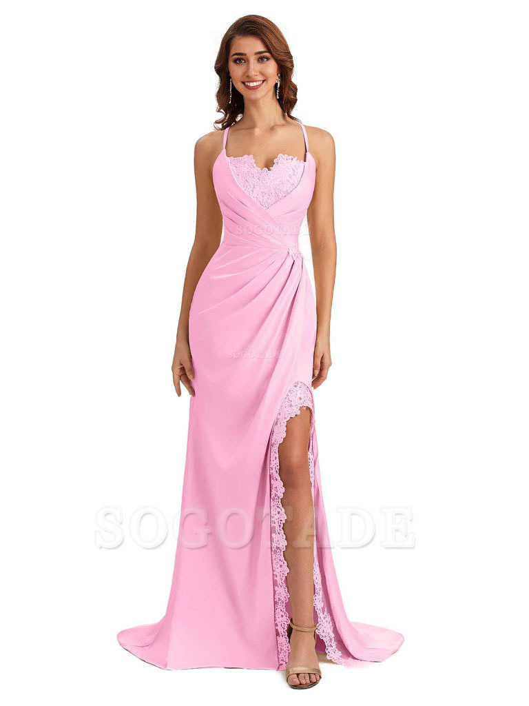 Sexy Side Slit Spaghetti Straps Lace Mermaid Silky Satin Wedding Guest Dresses