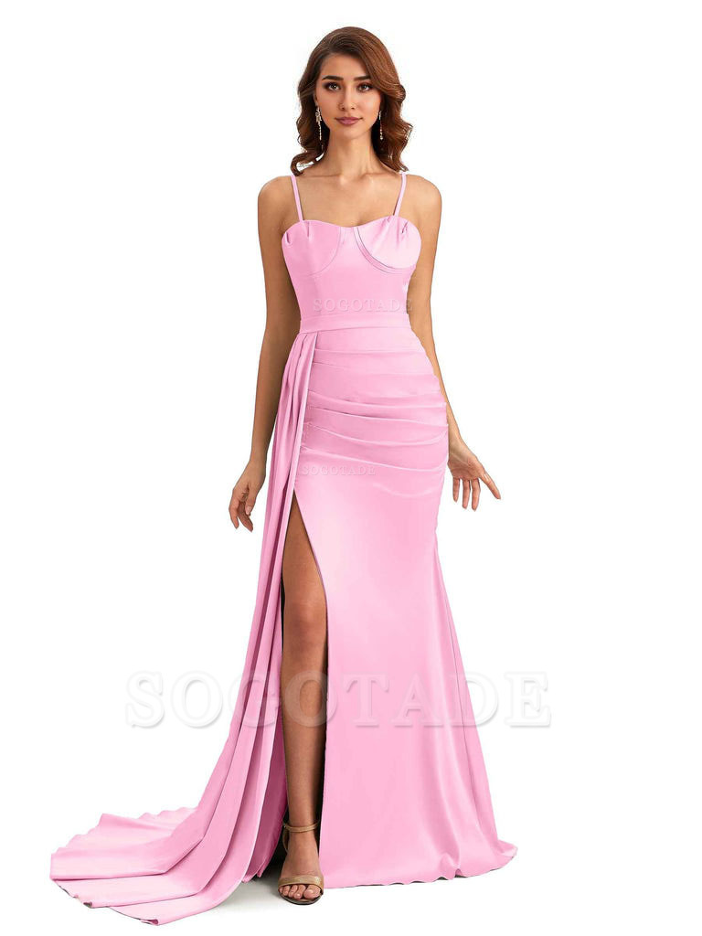 Sexy Spaghetti Straps Side Slit Mermaid Unique Long Bridesmaid Dresses In Satin