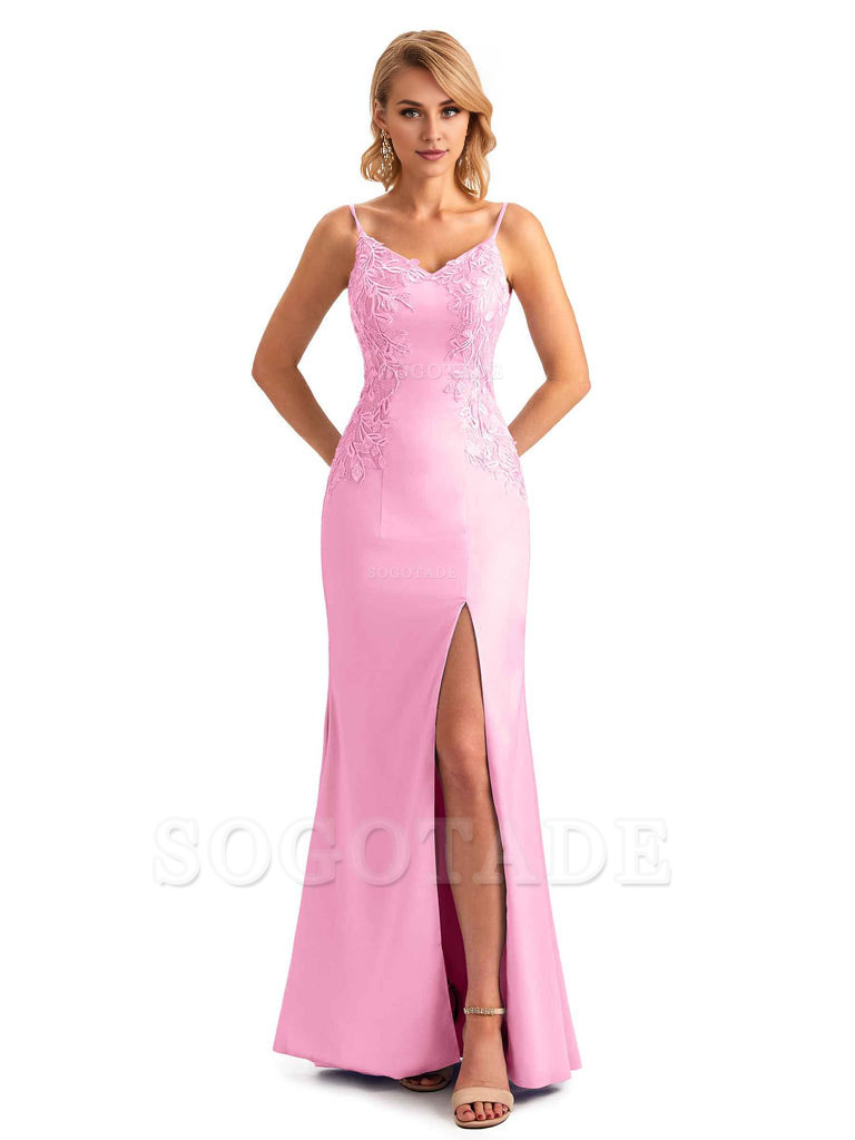 Sexy Side Split Mermaid Spaghetti Straps Soft Satin Unique Lace Long Bridesmaid Dresses