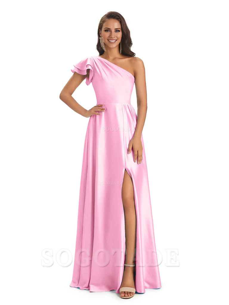 A-Line One Shoulder Ladies Long Bridesmaid Dresses Soft Satin Side Slit Elegant Evening Party Dress