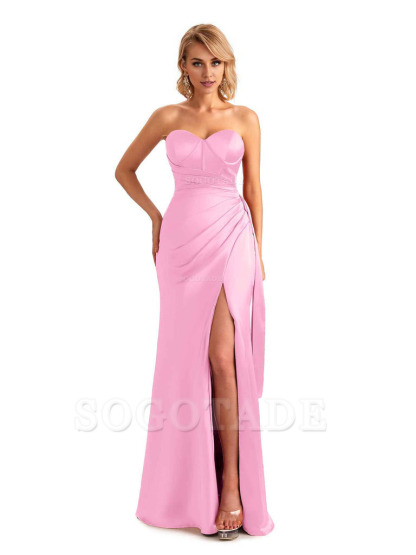 Sexy Side Slit Strapless Mermaid Soft Satin Unique Long Bridesmaid Dress For Wedding