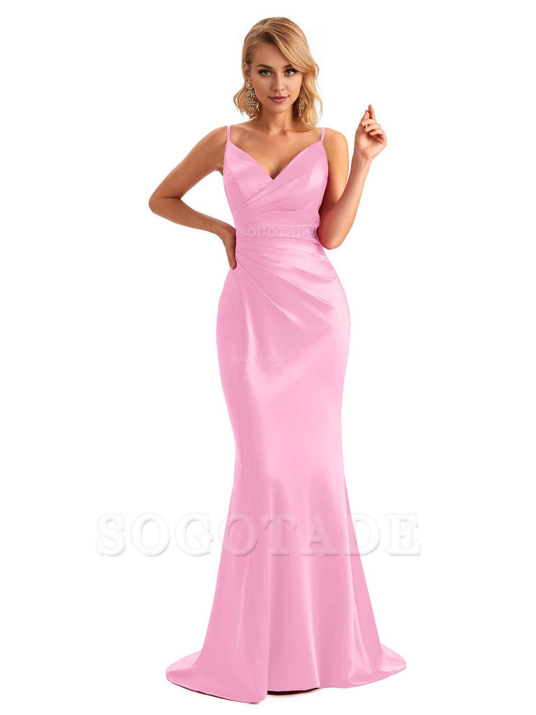  Sexy Backless Mermaid Spaghetti Straps Unique Long Formal Satin Dress For Women