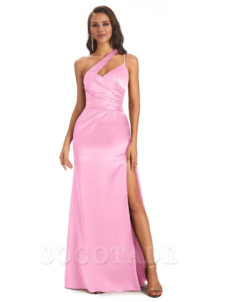 Elegant Soft Satin Side Slit One Shoulder Floor-Length Maxi Bridesmaid Dresses Evening Party Dress