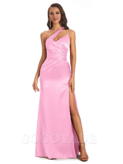 Elegant Soft Satin Side Slit One Shoulder Floor-Length Maxi Bridesmaid Dresses Evening Party Dress