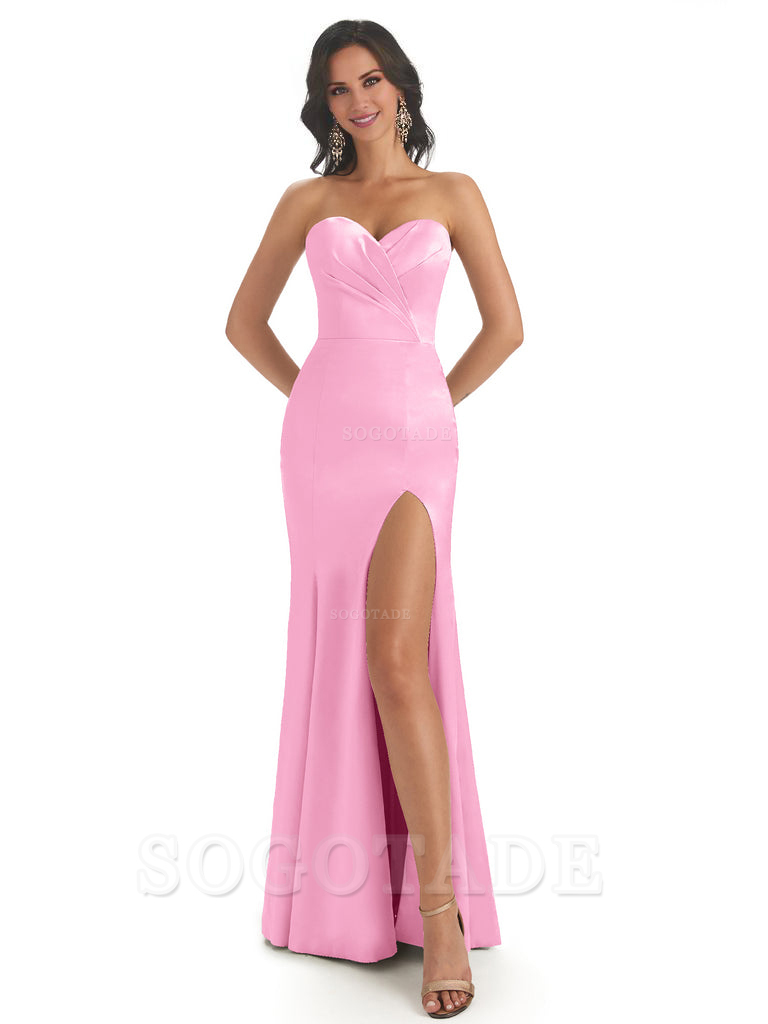 Simple Soft Satin Side Slit Sweetheart Long Mermaid Bridesmaid Dresses Elegant Evening Party Dress