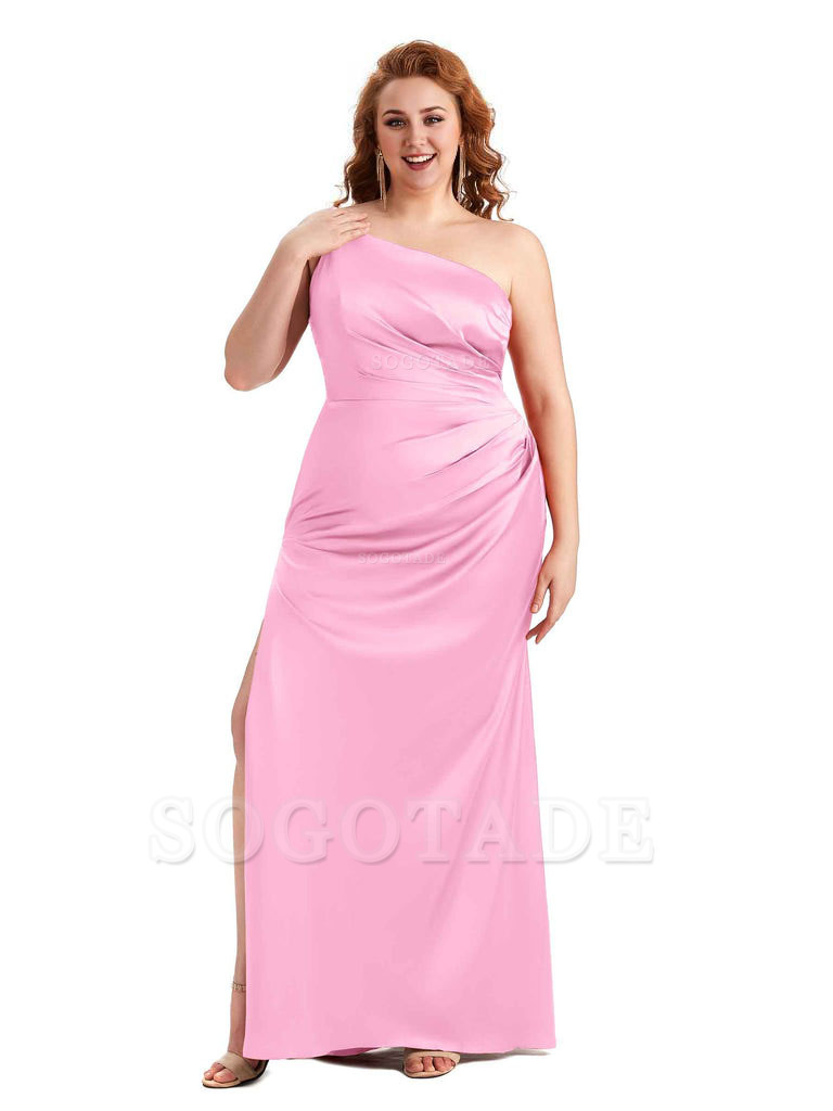 Sexy Side Slit One Shoulder Mermaid Soft Satin Long Plus Size Maid of Honour Dresses