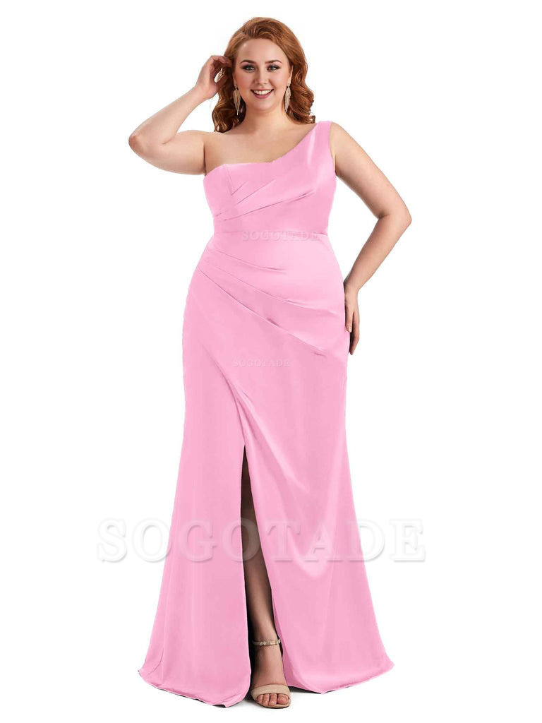 Sexy Side Slit One Shoulder Mermaid Long Plus Size Satin Maxi Dresses