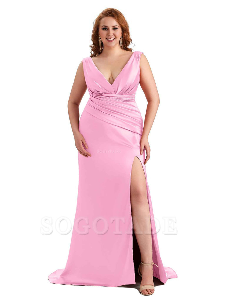 Elegant V-neck Side Slit Mermaid Soft Satin Long Plus Size Bridesmaid Dress For Wedding