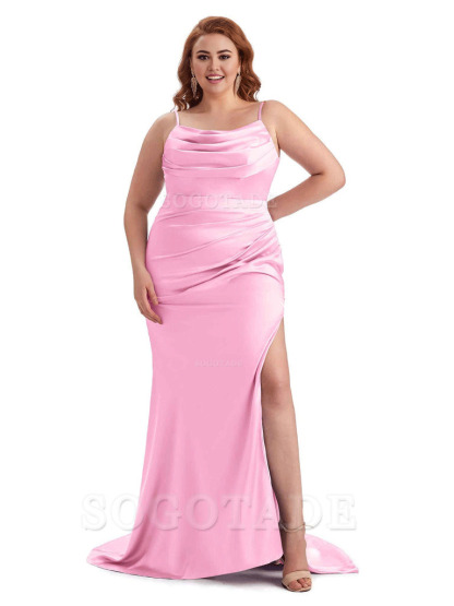Sexy Jewel Side Slit Mermaid Soft Satin Long Plus Size Bridesmaid Dress For Wedding