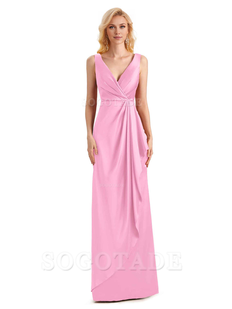 V Neck Elegant Soft Satin Formal Long Maid Bridesmaid Dresses Formal Wear Dresses