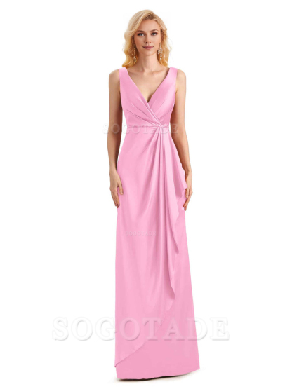 V Neck Elegant Soft Satin Formal Long Maid Bridesmaid Dresses Formal Wear Dresses