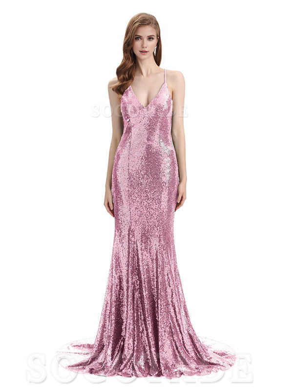 Deep V Neck Sexy Spaghetti Strap Backless Sequins Floor-Length Bridesmaid Dresses Bridesmaid Dresses Formal Women's Dresses Wedding Guest Dresses