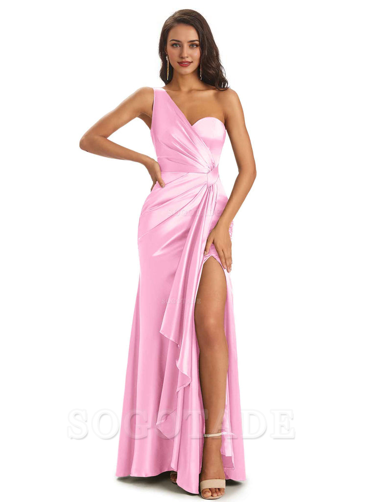 Elegant Soft Satin Side Slit One Shoulder Unique Mermaid Bridesmaid Dresses Online prom dresses shops