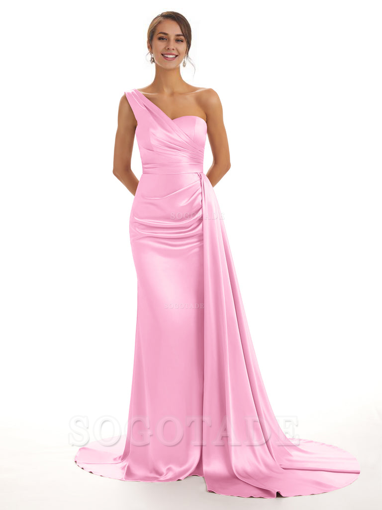 Elegant One Shoulder Soft Satin Unique Mermaid Long Bridesmaid Dresses Online prom dresses shops