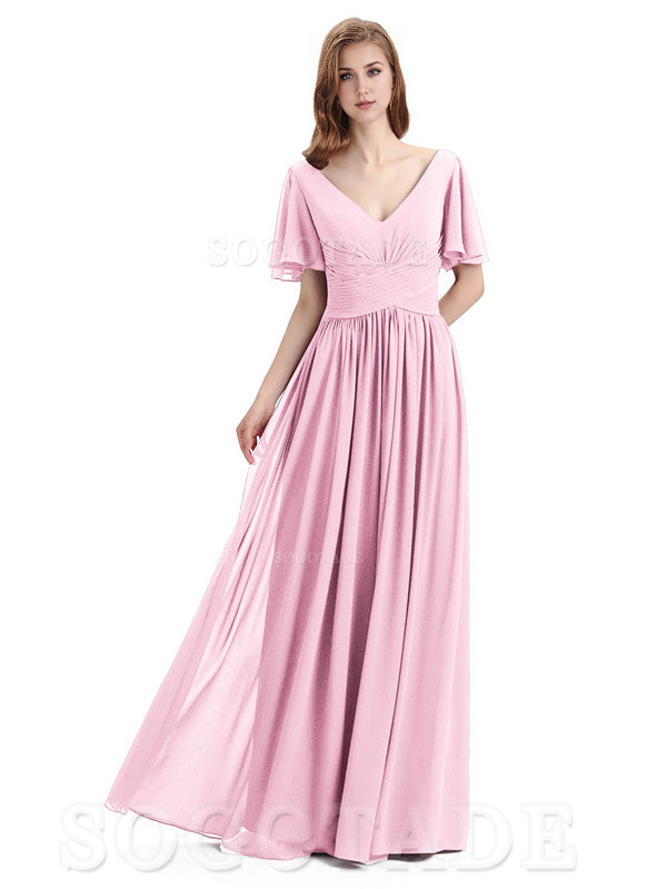 A-Line Chiffon Short Sleeves Elegant Floor-Length Bridesmaid Dresses Formal Women's Dresses Wedding Guests Dresses