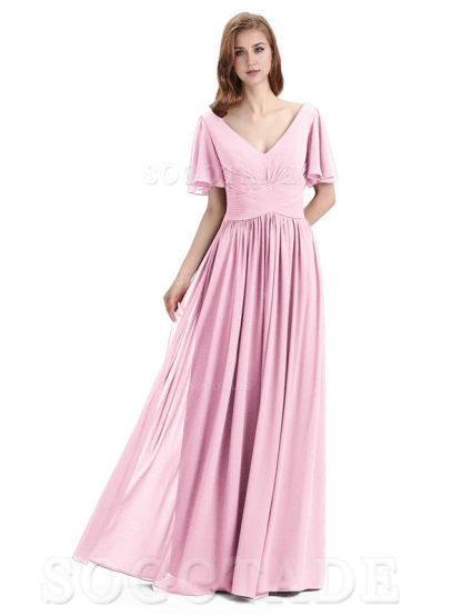 A-Line Chiffon Short Sleeves Elegant Floor-Length Bridesmaid Dresses Formal Women's Dresses Wedding Guests Dresses