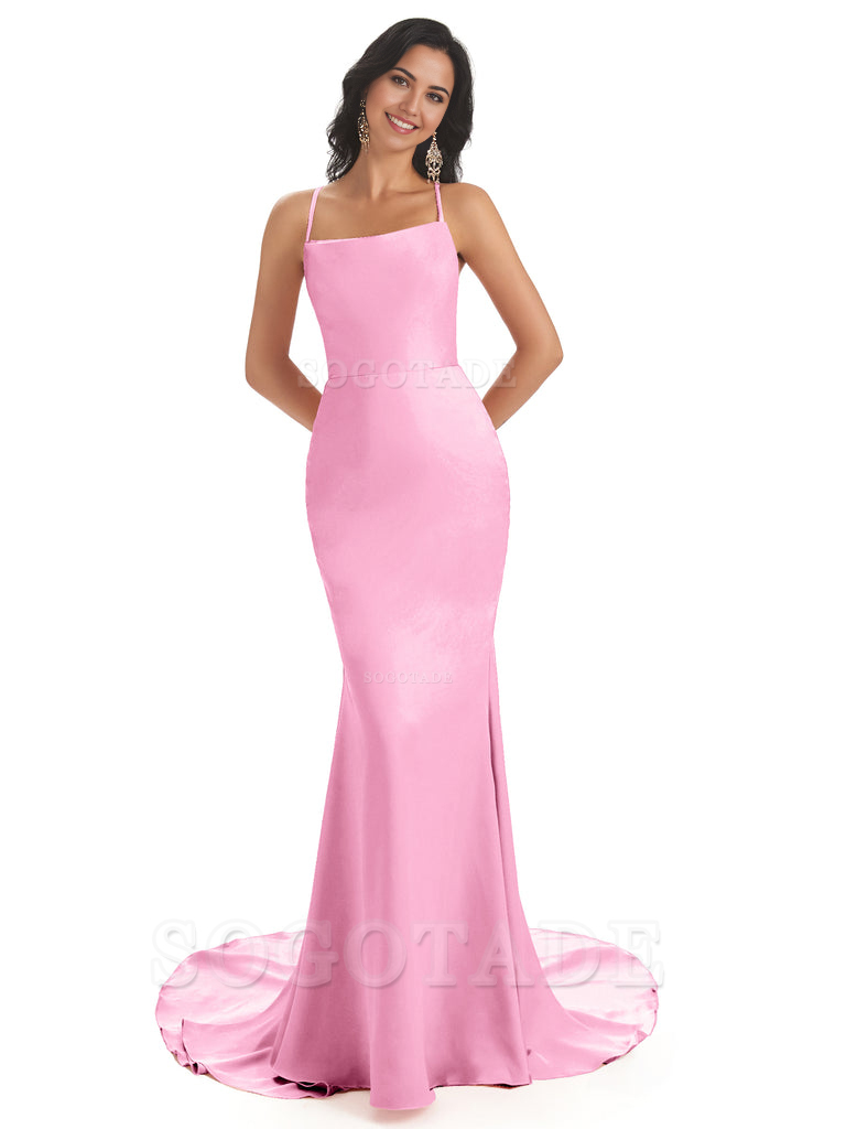 Mermaid Spaghetti Backless Straps Satin Long formal dresses evening gown Bridesmaid Dresses