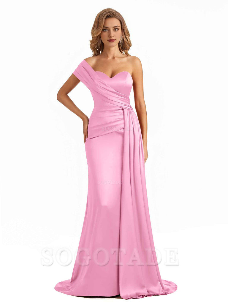 Elegant One Shoulder Soft Satin Long Mermaid Bridesmaid Dresses Online prom shop dresses ﻿